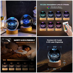 3D Solar System Crystal Ball with Wooden Base and LED Light